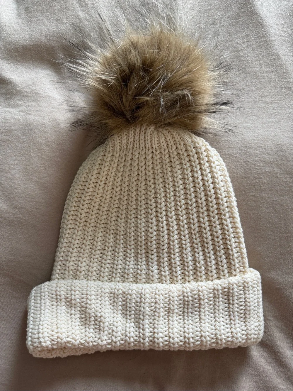 Love Your Melon Cream Knit Beanie with Faux Fur Pom